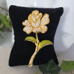Gold with Rhinestone Rose Flower Brooch Pin
